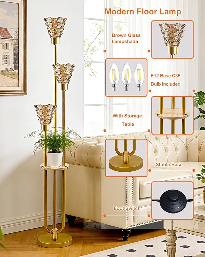 Glass Floor Lamp with Table, 62'' Gold Standing Tall Lamps with Brown Glass Shade, 3000K Warmwhite Mid Century Modern Floor Lamp for Living Room/Bedroom/Sofa Beside/Home Corner