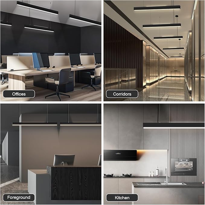 2.4G Remote Series LED Linear Light Fixture with Remote, 4FT 43W Downlight and 7W Uplight, 3000K-6000K Color Changing, Dimmable Pendant Light for Home Office, Black, 4 Pack