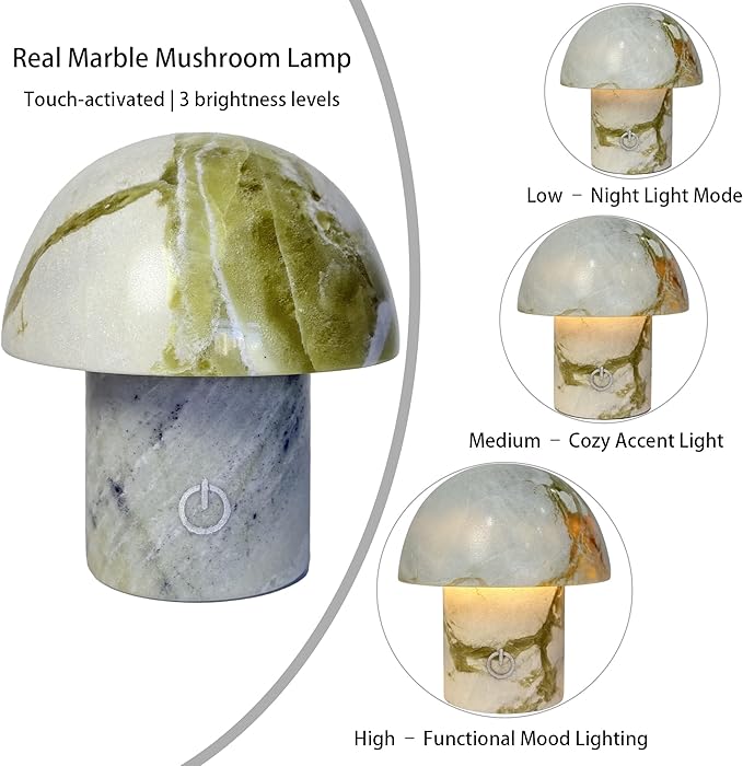 Natural Stone Mushroom Lamp, Marble LED Rechargeable Night Light with Touch Dimming, 3-Level Brightness Small Table Lamp for Bedside Ambient Home Decor, Hand-Polished Stone Decor Light