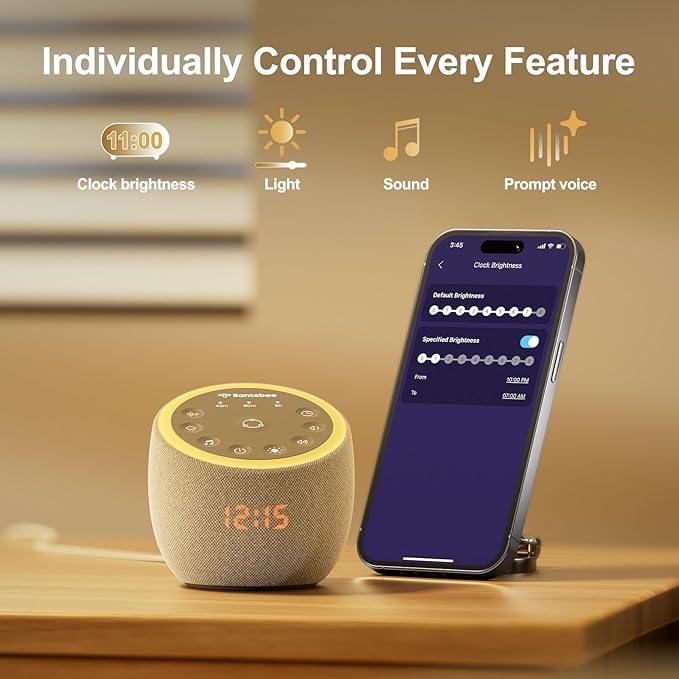 White Noise Sound Machine for Sleeping, 361 Soothing Sounds, Smart APP Control, Custom Buttons, Non Looping Natural Sounds, Bedside Dimmable Clock, Night Light, Santebee for Adults Baby Kids Lullaby