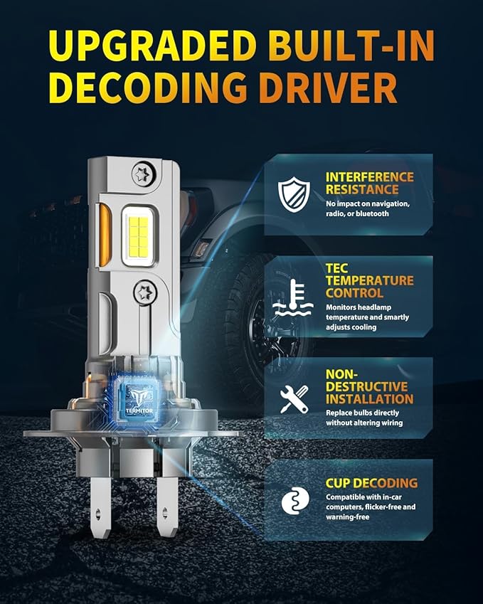 Upgraded H7/H7LL Bulbs, 60,000LM 12X Ultra-Brightness, Real 1:1 Halogen Mini Size, 10-Year Extended Lifespan, 6500K White Illumination for Automotive H7 Fog Lights, Plug N Play, Pack of 2