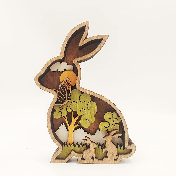 Drawelry 3D Wooden Animals Carving Home Decorative - Creative Wood Carved Lamp Farmhouse Wooden Animals Sculpture Ornaments Easter Birthday Gifts for Family Friend Son Dad (Rabbit, Without Light)