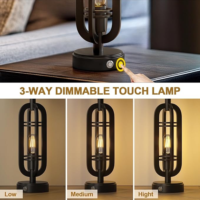 27.25'' Table Lamps Set of 2 for Living Room Bedroom Industrial Farmhouse Metal Touch Lamps with USB A+C Ports, Night Light Vintage Nightstand Bedside Lamp, Bulbs Included, Black
