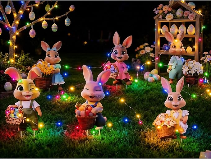 Outdoor Easter Decorations with 393.7 Inch LED Light for Home Bunny Porch, Plastic Easter Outdoor Bunny Yard Decorations, 6 Pcs, 13.78 x 9.45 In