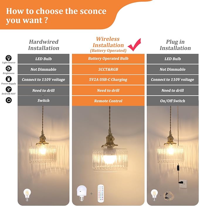Battery Operated Pendant Light 5000mAh Rechargeable Chandelier with Remote Control Wireless Adjustable Hanging Clear Striped Light for Kitchen Island Dining Room Hallway