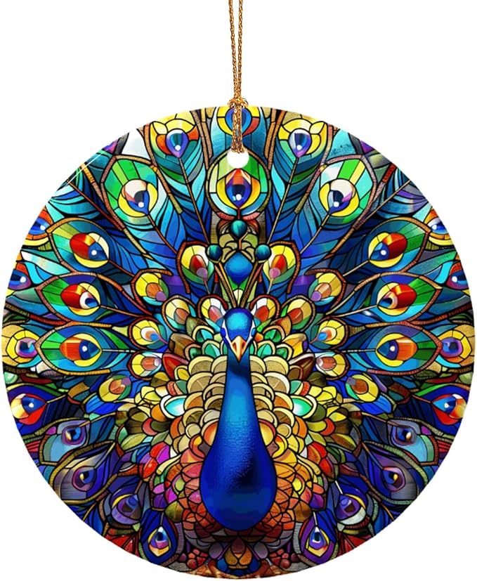 Colorful Peacock Spreading Its Tail Christmas Ornaments, Christmas Decorations Xmas Tree Hanging Ornaments, Round Ceramic Festive Keepsake Gift for Xmas Decorations Holiday Home Decor