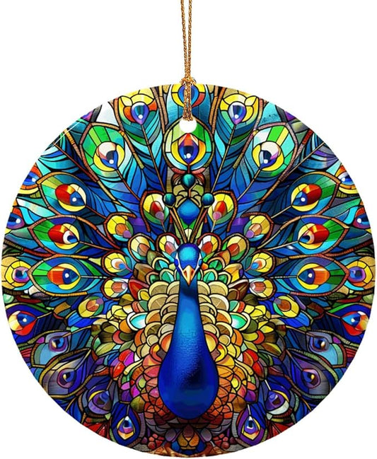 Colorful Peacock Spreading Its Tail Christmas Ornaments, Christmas Decorations Xmas Tree Hanging Ornaments, Round Ceramic Festive Keepsake Gift for Xmas Decorations Holiday Home Decor