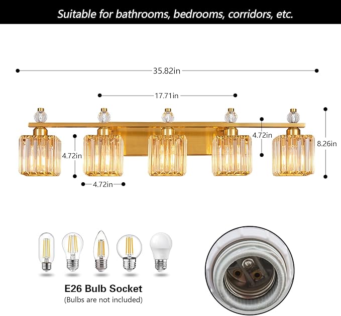Vanity Lights 5-Light Modern Crystal Vanity Light Gold Bathroom Light Fixtures Over Mirror Crystal Bathroom Vanity Lighting Fixtures