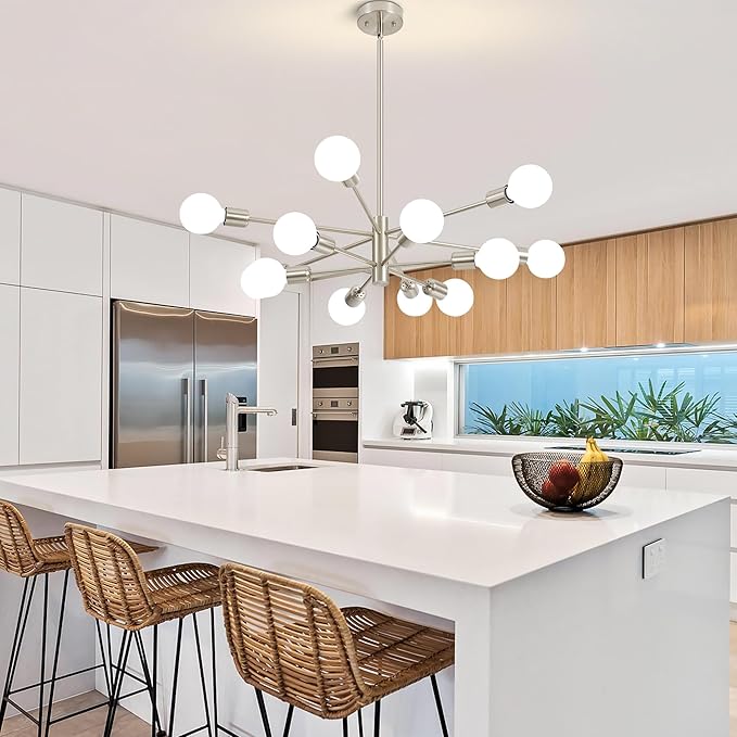 Sputnik Chandelier Modern Brushed Nickel Chandeliers 12-Light Mid Century Ceiling Lighting Fixture for Living Room, Kitchen, Bedroom, Dining Room, and Farmhouse