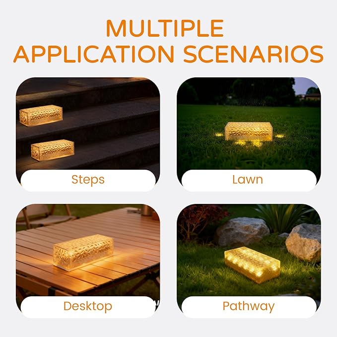 Wokyo Solar Brick Steps Lights Outdoor Cement Wall Lights, 7.8x3.9 inch Rectangular Solar Brick Paver Lights for Garden Lawn Yard Pathway Driveway Walkway Decor 4 Packs (Rectangular-Warm White)