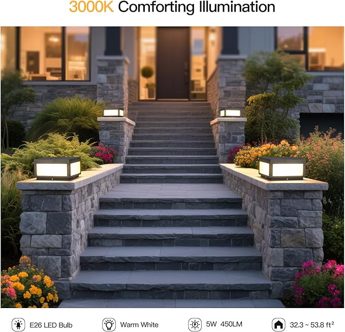 Outdoor Post Lights Hard Wired, AC100-240V 11.8" Column Light, Square Pillar Lamp Electric, 3000K LED Lighting, IP54 Waterproof Modern Gate Lantern Fence Posts Cap Lights for Garden Patio Outside