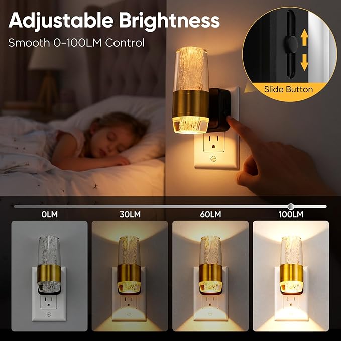 ropelux LED Night Light Plug into Wall, 2 Pack Acrylic Nightlight with 0-100 LM Adjustable Brightness, 3000K Plug in Night Light with Dusk to Dawn Sensor, for Bathroom Bedroom Hallway (2)