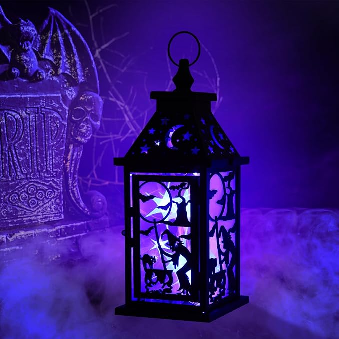 DECORKEY Halloween Decorations Indoor, 14.9" Decorative Witch & Bat Candle Lantern with 82" LED Lights(8 Modes; No Battery), Hanging Spooky Halloween Lanterns, Outdoor Home Room Door Party Decor