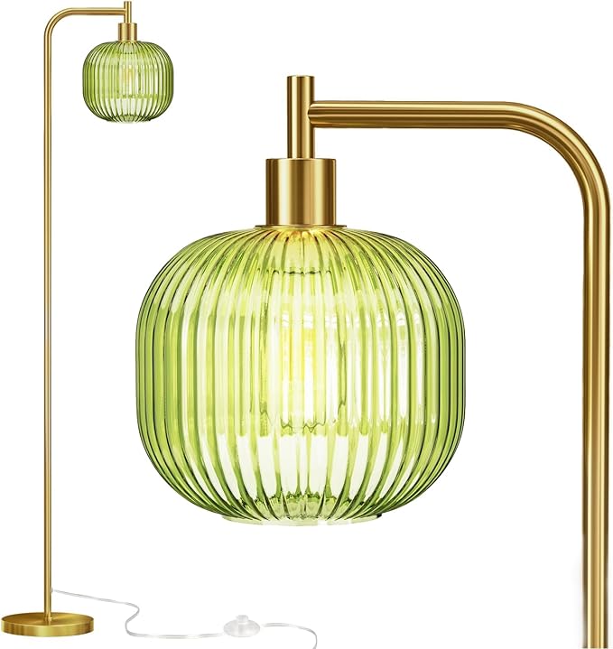 Glass Floor Lamp,67" Modern Standing Lamp with Sunset Grapefruit Glass Lampshade Metal Pole for Living Room, Bedroom, Office - Heavy Base,Pedal Switch (Include Bulb) (Green)