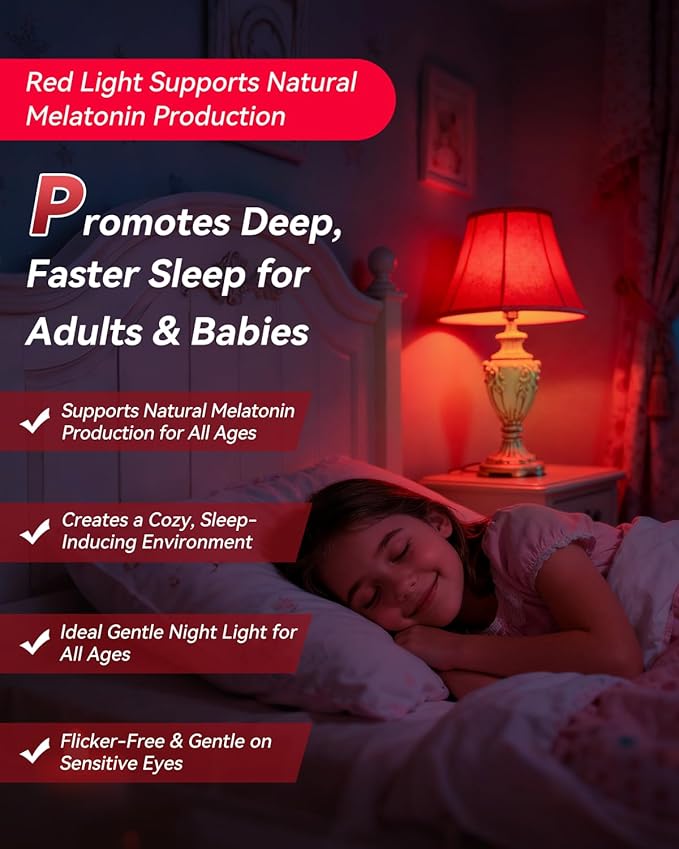 Neporal 7W 670nm Red Light Bulbs for Sleep, 100% Blue Light Blocking Red Night Light, Sleep Light for Melatonin Promoting, A19 60W Equivalent Dim Light Bulbs for Bedroom, Baby Nursery, Reading,4 Packs
