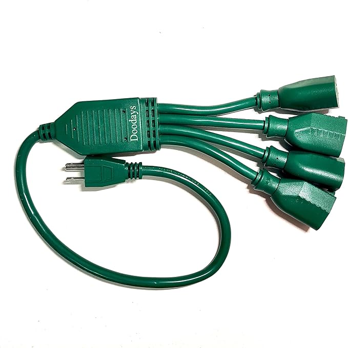Extension Cord Splitter,4 Plug Splitter,14AWG SJTW 15A 1875W 14/3-Gauge 2.3FT Power Splitter, 4 Way 3 Prong 1 to 4 Plug Power Cord Splitter, Heavy Duty Cable, Green, for Indoor or Outdoor Use.