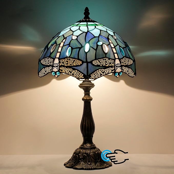 Tiffany Lamp Touch Control Table Lamp Blue Stained Glass Desk Lamp 12X12X19 Inches Dragonfly Style Reading Light