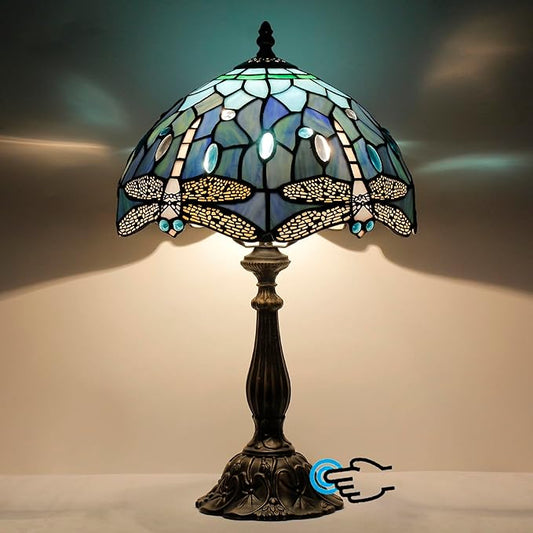 Tiffany Lamp Touch Control Table Lamp Blue Stained Glass Desk Lamp 12X12X19 Inches Dragonfly Style Reading Light