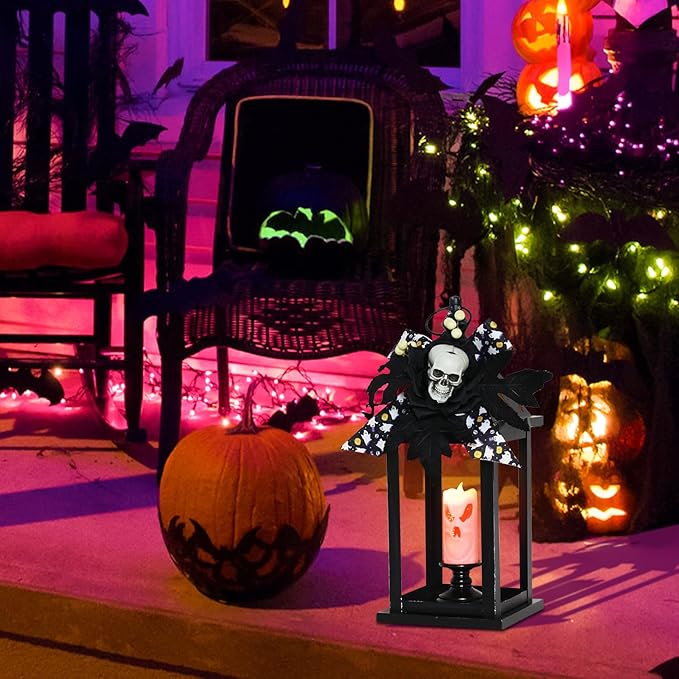 DECORKEY Halloween Decorations Indoor, 14.7" Decorative Candle Lantern with Skull Ornaments & LED Candle, Metal Hanging Spooky Halloween Lanterns for Outdoor Home Room Door Table Porch Party Decor