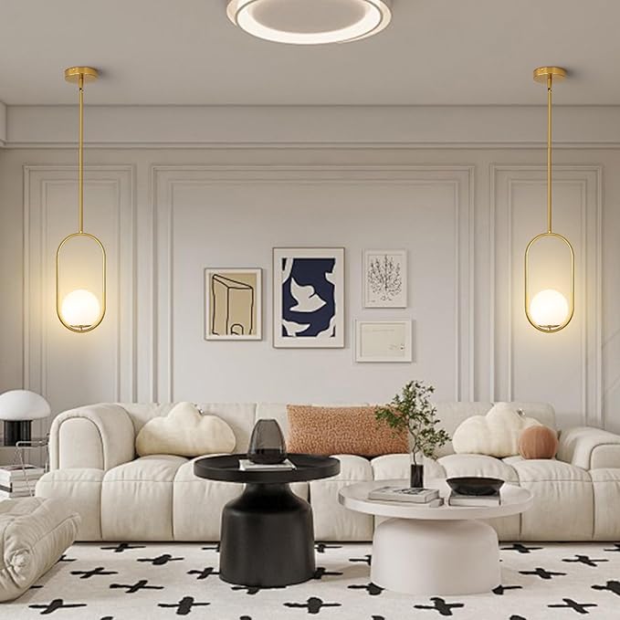 Yunnix Pendant Lights Kitchen Island Modern Gold Globe Pendant Light Mid Century Light Fixture Milk Glass Pendant Lights for Bedroom Dining Room Brushed Brass with One Light (Bulb Not Included)