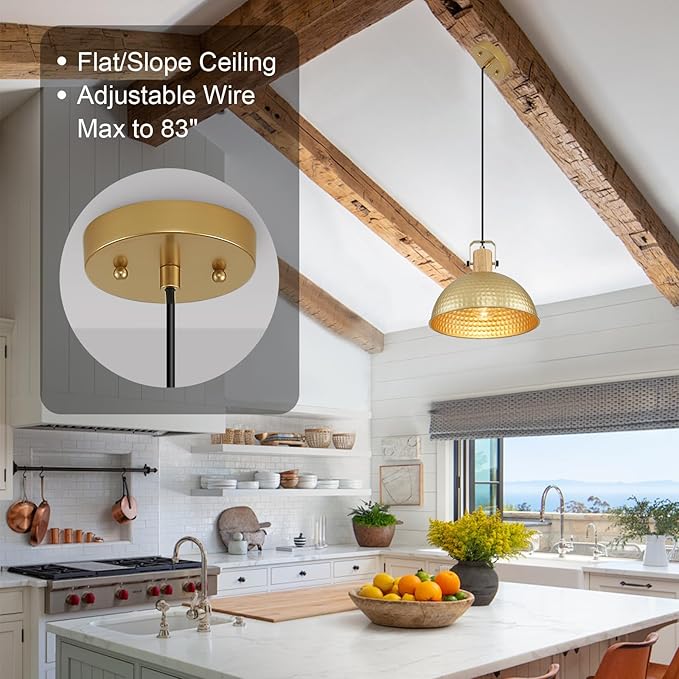 12 Inch Gold Pendant Lights Hammered Matte Pendant Lights for Kitchen Island Industrial Farmhouse Adjustable Height Dome Hanging Light Fixtures for Barn, Dining Room 1 Pack