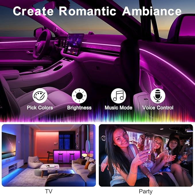 Interior Car Lights with Wireless APP and Remote Control, 5 in 1 RGB Ambient Lighting Kit with 236 inches Fiber Optic, 16 Million Colors Car Neon Strip with Music Mode