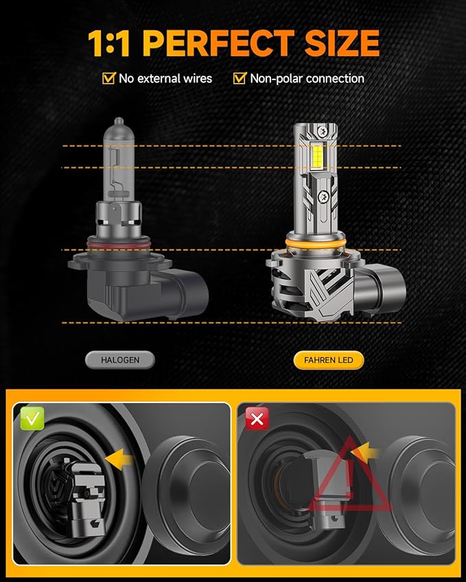 FAHREN 9012/HIR2 Bulb, 𝟔𝟎𝟎𝟎𝟎𝐋𝐌 𝟏𝟎𝐗 Light Bulbs, 6500K Cool White 1:1 Mini Size with Cooling Fan, 60000 Hours Lifespan 9012 Bulb, IP68 No Adapter Needed Plug And Play, Pack of 2