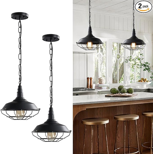 Black Farmhouse Pendant Light - 2 Pack Industrial Vintage Hanging Light Fixtures Metal Wire Cage Pendant Lighting with Adjustable Chain for Kitchen Barn Hallway Porch Dining Room
