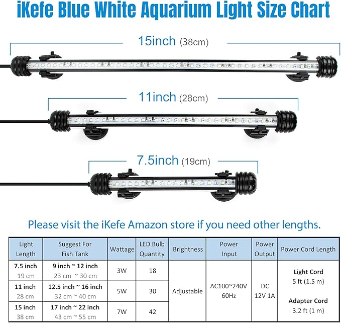 iKefe 15" White & Blue Submersible LED Aquarium Fish Tank Light with Timer/Dimmable Underwater Fish Tank Aquarium LED Lights Fixture for Saltwater Freshwater Fish, Plant Grow, Coral Reef Decorations
