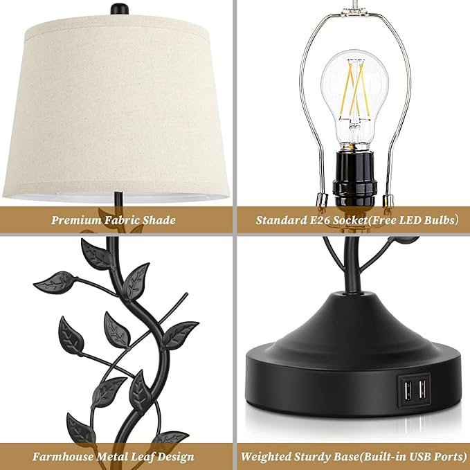 3-Way Dimmable Touch Table Lamps for Living Room Set of 2 Traditional Lamps for Bedroom with 2 USB Charging Ports Bedside Nightstand Lamps for Reading Retro Vine Lamps End Table Office, Bulbs Included