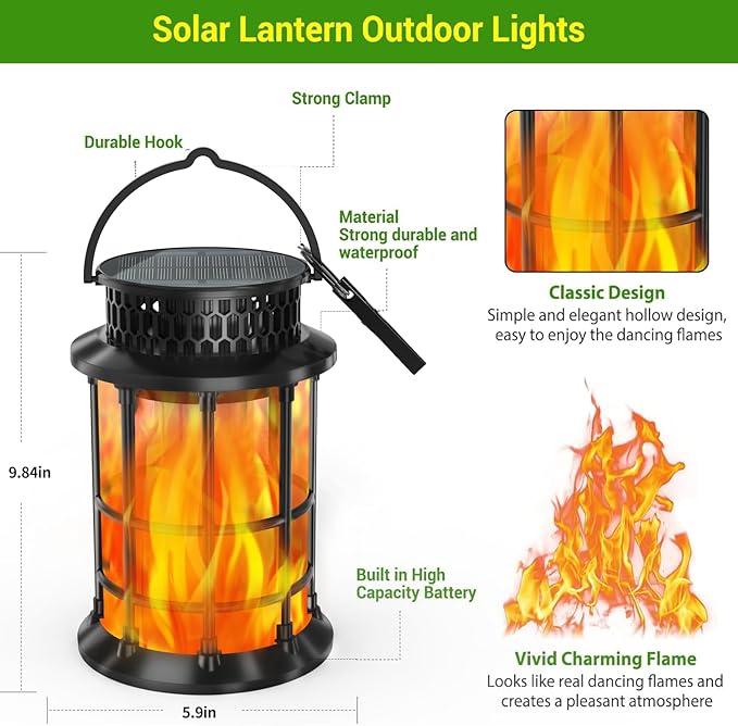Solar Lanterns Outdoor Waterproof,Upgraded Flickering Flame Lights, Hanging Solar Lanterns Lights, Solar Powered Decorative for Garden Yard Pathway, 2 Pack
