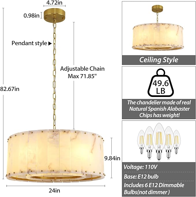 Alabaster Chandelier D24in Spanish Natural Marble Round Chandeliers,Alabaster Pendant Light Fixture,Modern Brass Dining Room Chandelier, Adjustable Gold Chandeliers for Bedroom,Bathroom,Entryway,Foyer