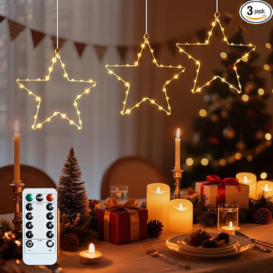 80 LED Star Christmas Decorations Lights Indoor, 3 Packs Battery Operated Hanging Cozy String Lights with Timer, 8 Modes Warm White Outdoor Christmas Decorations
