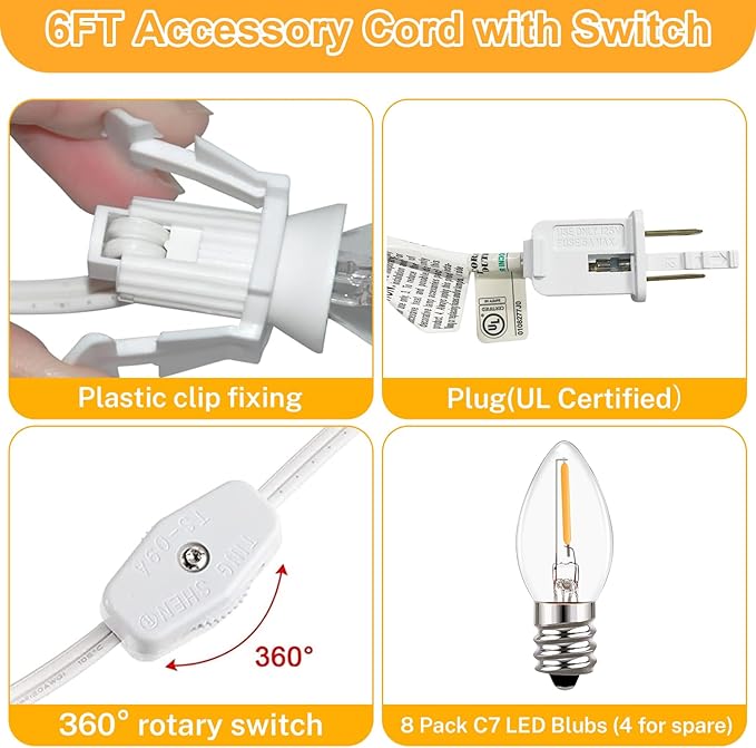 4 Set 6Ft White LED Accessory Cord with Light Bulb 8Pcs (4 for Spare) with Switch On/Off, Light up Christmas Decor - Clip-in C7 String Lights for Christmas Village House Salt Lamp & Blow Mold, 0.6W
