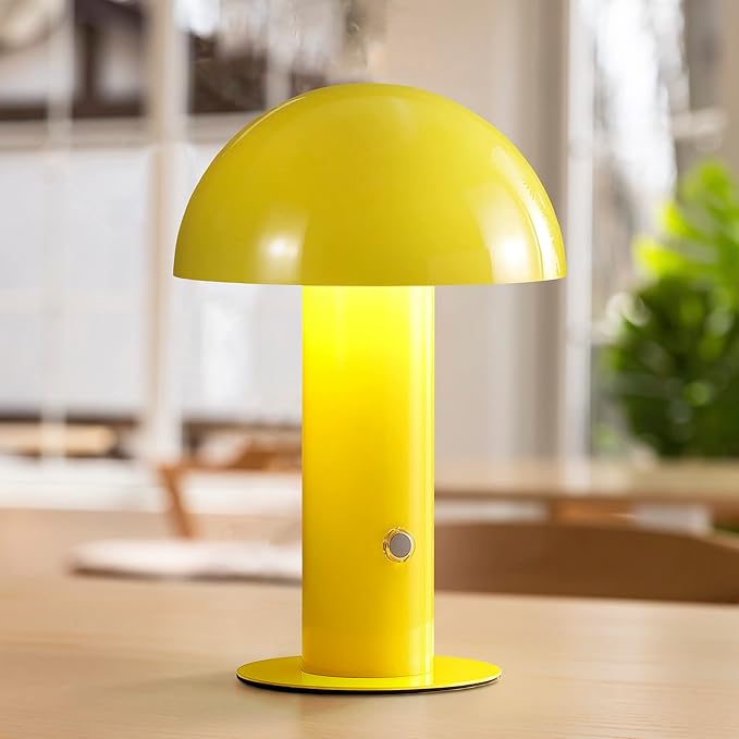 JONATHAN Y 10.75" Yellow Rechargeable LED Mushroom Table Lamp, Cordless Portable Bedside Lamp for Living Room Bedroom, 3-Way Dimmable Modern Iron Desk Light, Metal Shade (JYL7115C)