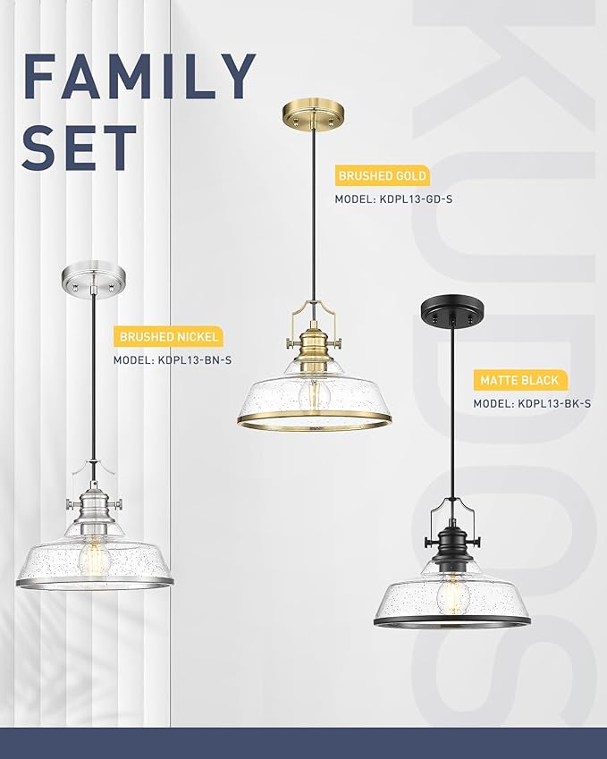 kudos 2 Pack Pendant Lights Kitchen Island, 11" Large Brushed Nickel Kitchen Island Lighting with Seeded Glass, Industrial Hanging Light Fixture for Kitchen Sink Dining Room, KDPL13-BN-S-2PK