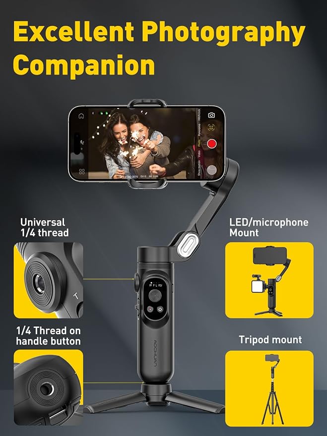 AOCHUAN 3-Axis Gimbal Stabilizer for iPhone 15/14/13 Pro Max Android,Foldable Smartphone Gimbal w/Built-in Fill Light,1/4 Thread,Professional Anti-Shake Video Record for TikTok YouTube(Smart X Black)