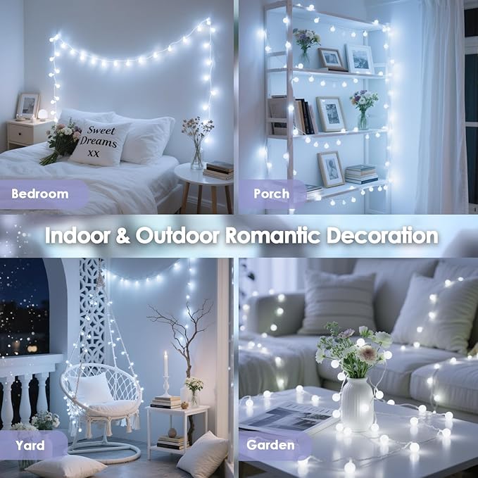 100LED Connectable String Lights Indoor Outdoor for Bedroom, 43ft White Globe Lights Plug in with Remote & Timer, 8 Lighting Modes Waterproof Fairy Light for Room Classroom Wedding Christmas Decor