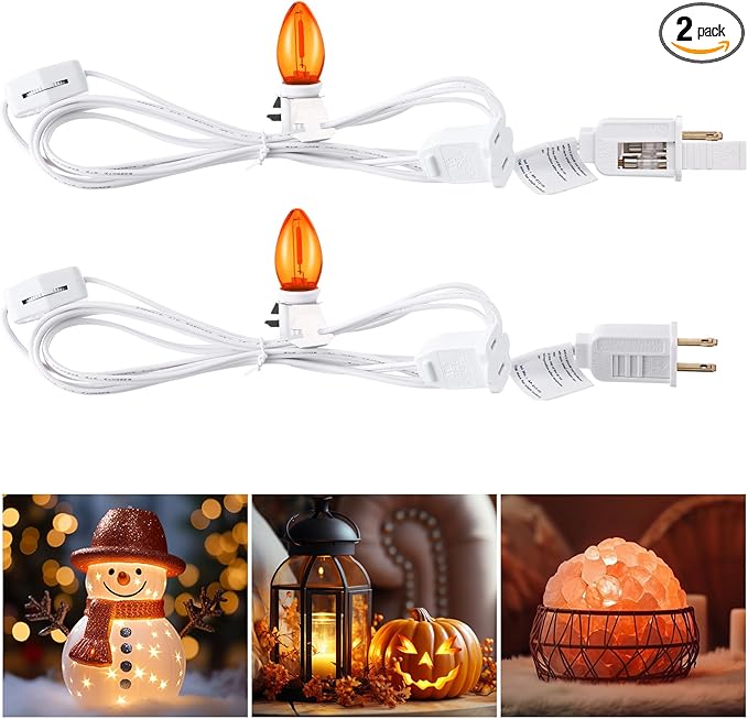 Meonum 2 Pack Accessory Cord with Single C7 LED Light Bulb, 7.6FT Blow Mold LED Light Cord with On/Off Switch for Halloween Pumpkin Christmas Village Paper Lantern Holiday Ceramic Trees