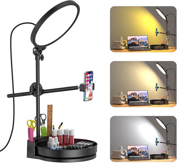 Zoom Lighting for Computer, Desk Ring Light with Stand,55W Dimmable Full Screen Ring Light,with Rotating Storage Box,Pen Holder Stand,Phone Holder&Controller (Black, 10.5)