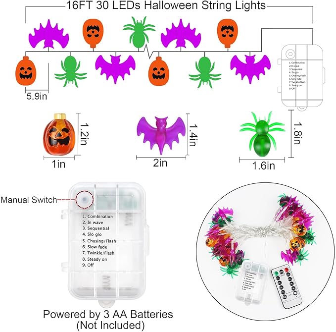 Halloween Lights Battery Operated -16FT 30 LED 3D Waterproof Spider Bat Pumpkin String Lights with Timer-8 Lighting Modes Hanging Decor for Home Room Door Window Indoor Outdoor Porch Party Decorations