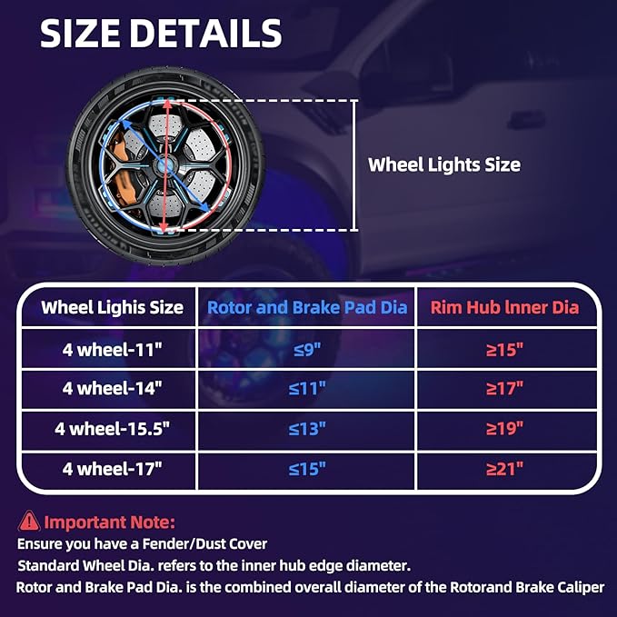 Tavaray 4PCS 17" Double Sided RGB LED Wheel Ring Lights with APP & Remote Control, 178+DIY Dynamic Modes w/Turn Signal Braking and Reverse Function Wheel Lights for Trucks Pickups Cars Offroad