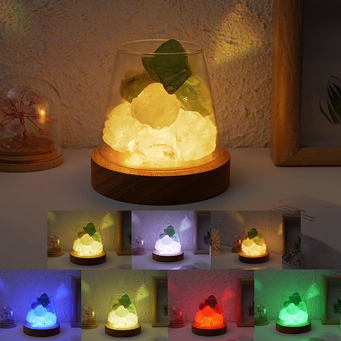 Runyangshi Crystal Night Lamp Natural Green Fluorite Clear Quartz Crystal and Healing Stones Aroma Ambient Light with Remote Control - USB Port 7 Colours Dimming Mode for Bedroom Home Decor Gift