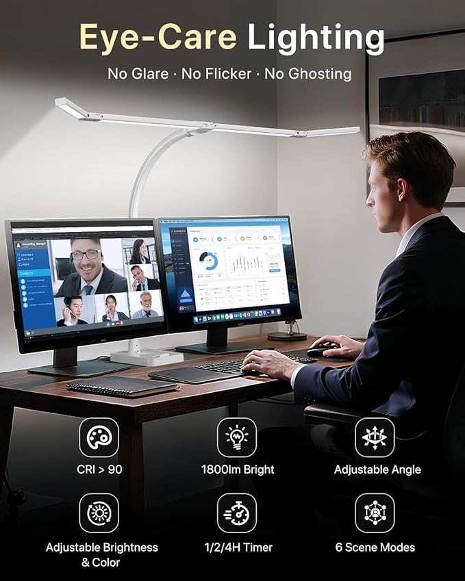 ONEMIX 42" LED Desk Lamp for Home Office, Eye-Caring Desk Light with Adjustable 4-Segment Bar, 1800LM Bright, Remote, Architect Table Lamp with Base for Dual Monitors, Reading, Study, Workbench(White)