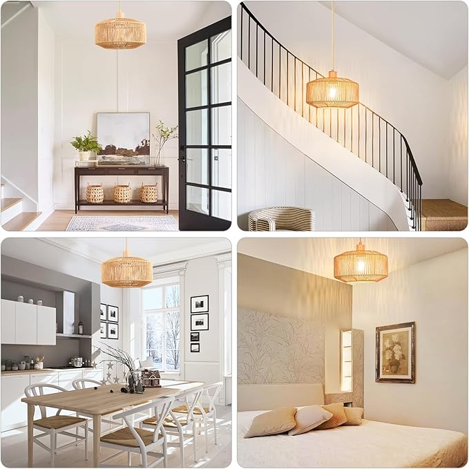 Plug in Pendant Light Paper Woven Rattan Hanging Lights Boho Hanging Lamp Rustic Farmhouse Pendant Lights for Kitchen Dining Room Bedroom Entryway, with 3-Way Dimmable Bulb (Woven-2)