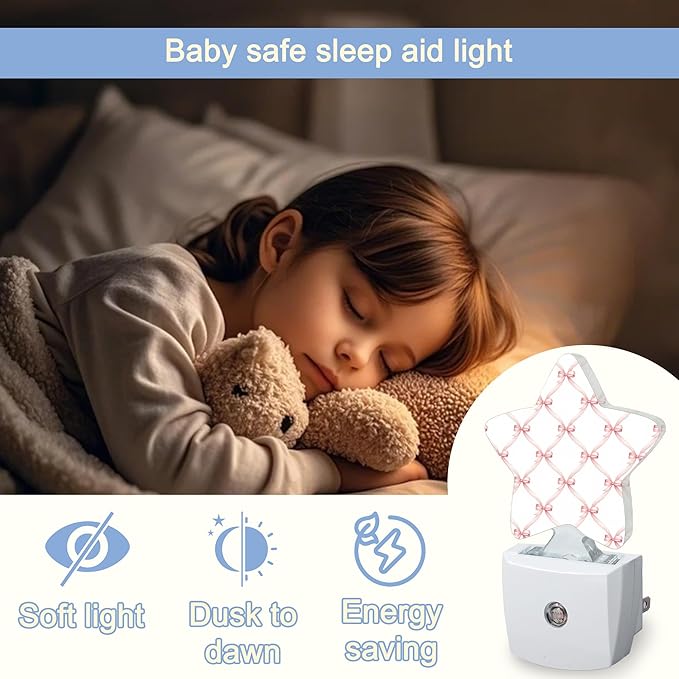 Night Light,Pink Bow Plug into Wall with Dusk to Dawn Light Sensors,Abstract Bows Warm Star Nightlights for Bedroom,Bathroom,Hallway,Kitchen Home Decor Desk Lamp