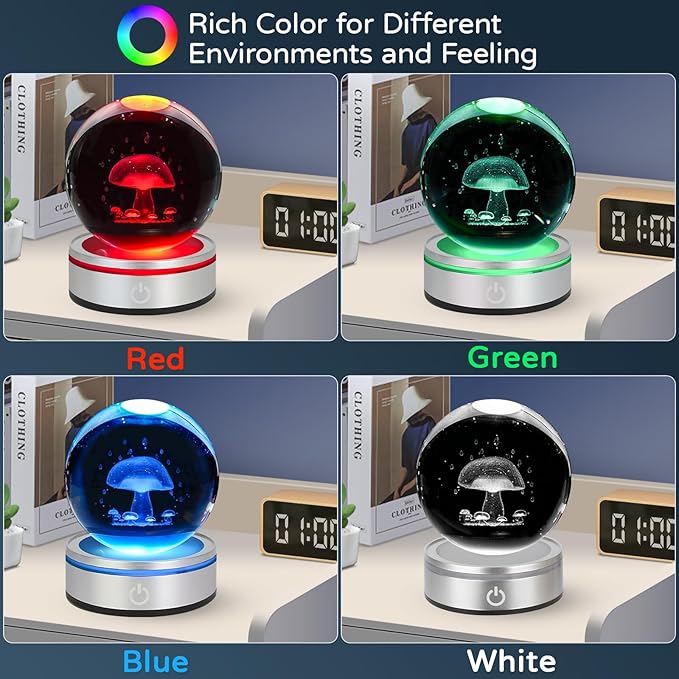 3D Crystal Ball Night Light with LED Colorful Touch Lighting Base - 3.15 In Mushroom Figurine Glass Sphere Lamp for Birthday, Christmas, Cute Home Decor Gifts for Kids, Teens, Women