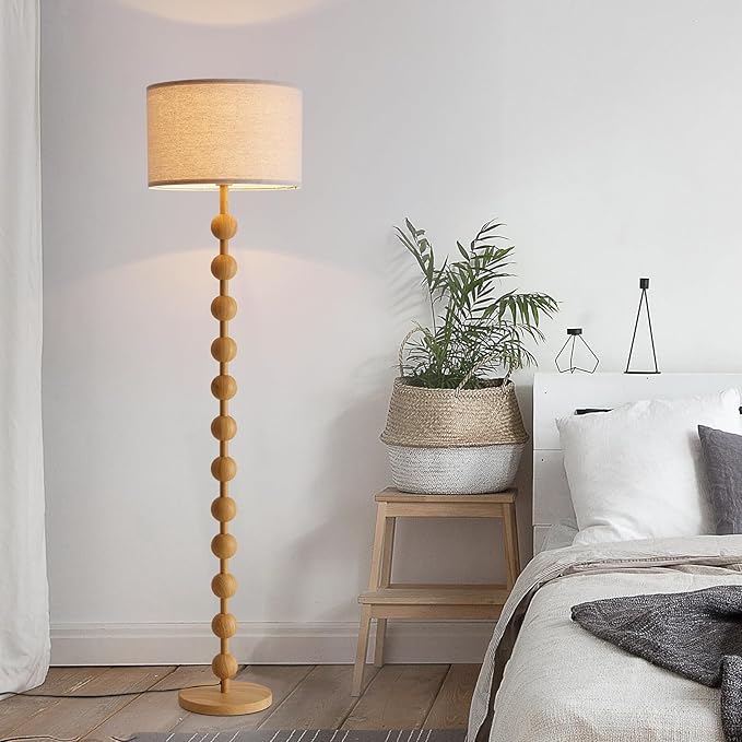 Modern Dimmable Remote Control Floor Lamp for Living Room Bedroom with LED E26 Bulb, Yellow Wood Pattern Iron Tall Standing Lamp Light with Fabric Shade for Nursery Room Home Office