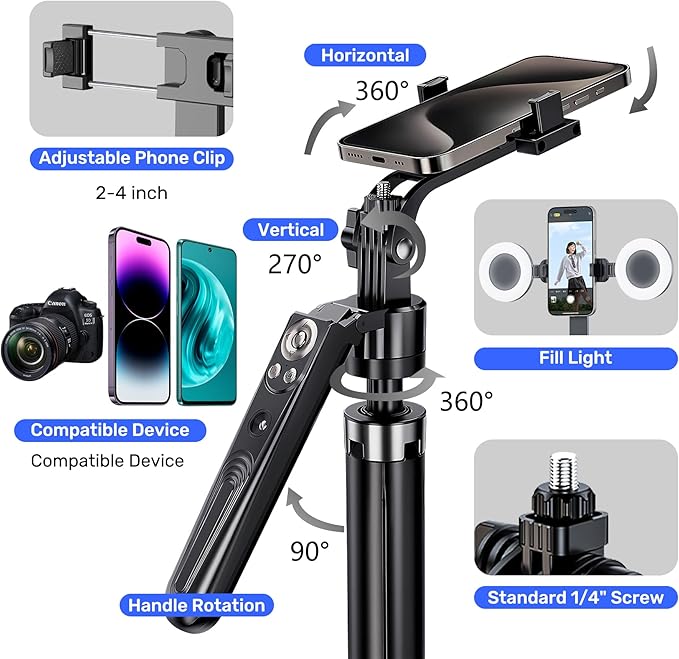 Auto Face Tracking Selfie Stick Tripod for iPhone with Light,360 Rotation That Follows Your Movement,70.9" Phone Camera Tripod Stand with Remote for Content Creator Vlog Live Stream Video Recording