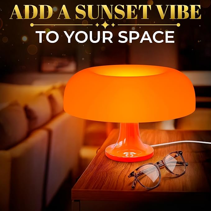 Orange Mushroom Lamp for Bedroom – Aesthetic Vintage Mushroom Lamps with 3 Lighting Colors & 10 Brightness – USB Powered Nightstand Retro Lamp for Reading Room, Office, Dorm | ABS + PVC Build